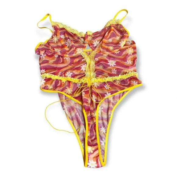 Womens Pink Yellow Groovy Sheer Teddy Lingerie Intimates Plus Sz 4XL Daisy 70s - Picture 1 of 5